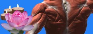 a lotus flower and spa candle juxtaposed with the muscle view of a man's back.