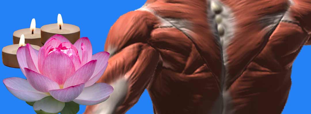 a lotus flower and spa candle juxtaposed with the muscle view of a man's back.