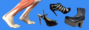 muscle level view of a woman's legs and three samples of very high heeled ladies shoes.